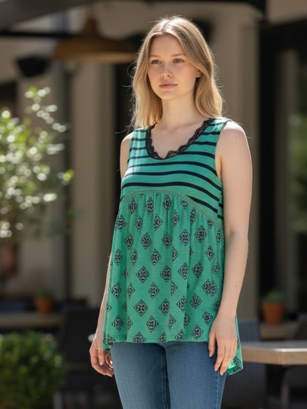 Red Camel Boho Tank Top Small Green Navy Mixed Print Babydoll